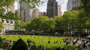 people enjoying bryant park with trees and chairs around, buildings at the back